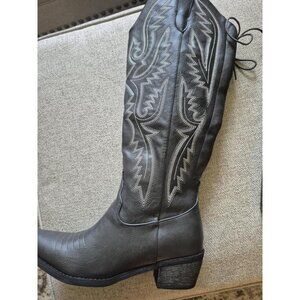 🆕Women Black Polyurethane Over the Knee Adjustable Thigh High Cowgirl Boot